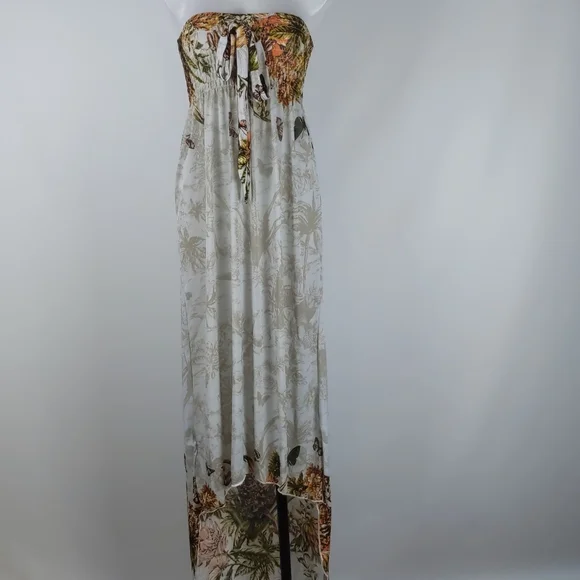 Women's Dress Size Med Cream Orange Butterflies Shirring Maxi High Low Hem Bow - Picture 2 of 10